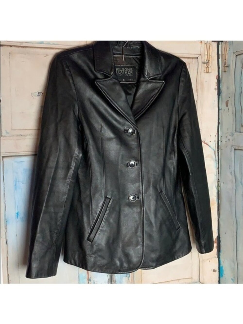 Wilsons Leather Pelle Studio Womens Classic S Black Button-Up Leather Blazer Jac